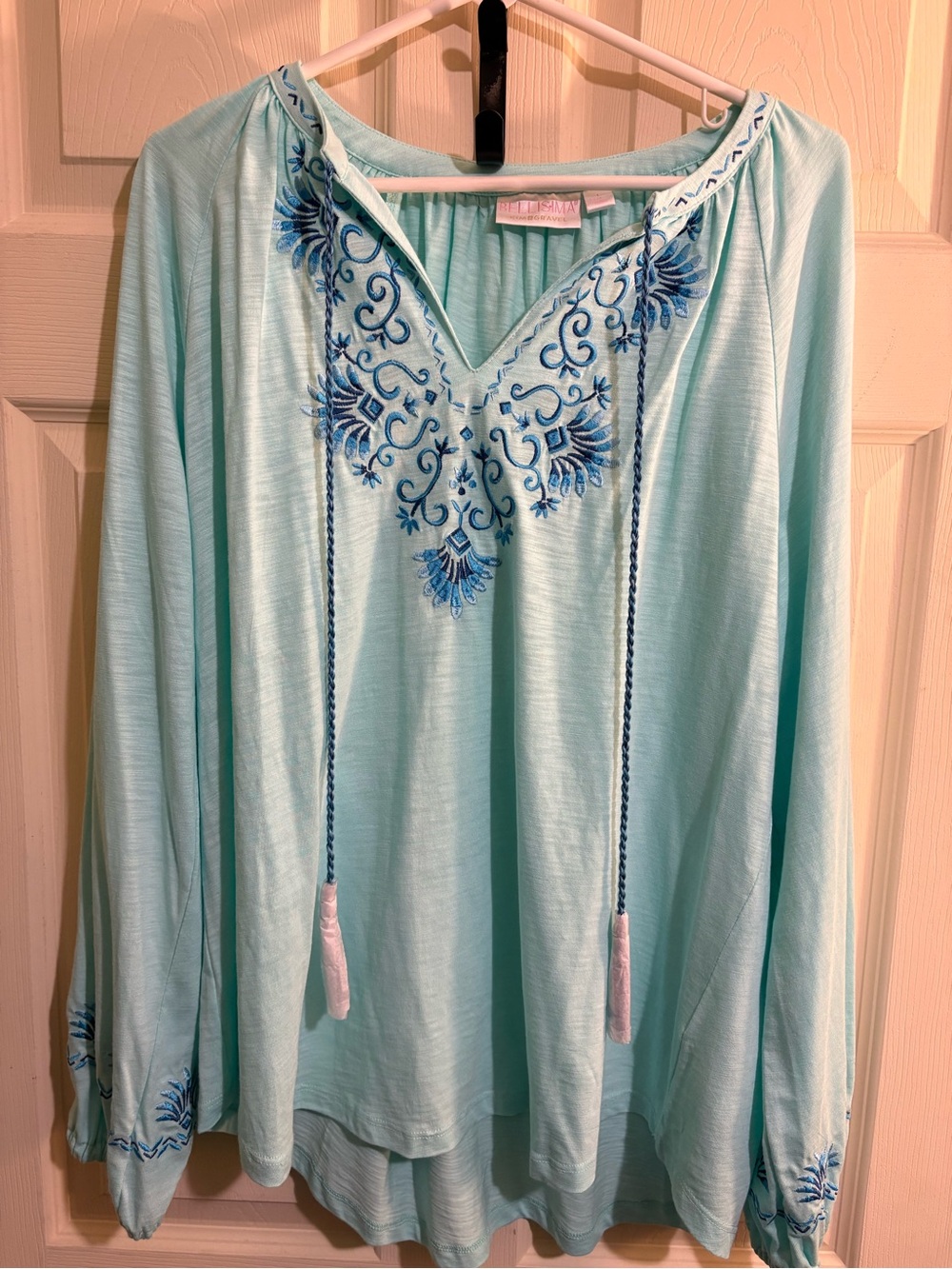 Bellisima Kim Gravel Embroidered Aqua Tassel Boho Peasant Split Neck Blouse